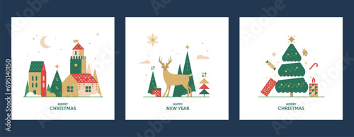 New Year and Christmas greeting card design. Vector illustrations for holiday post graphic with christmas houses, tree, deer, gift.