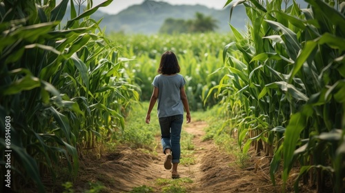 Rear view of a cute young Asian girl walking through a corn field.