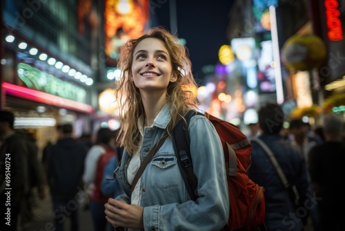 Traveler asian enjoying and walking at street city on night time.