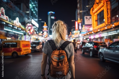 Traveler asian enjoying and walking at street city on night time. © sirisakboakaew
