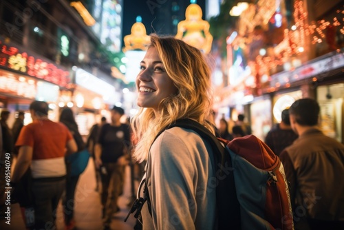 Traveler asian enjoying and walking at street city on night time.