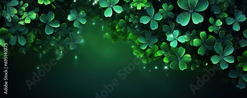 Frame made of clover leaves on green background. Three-leaved shamrocks. St Patrick Day holiday symbol. Template for design card, invitation, banner