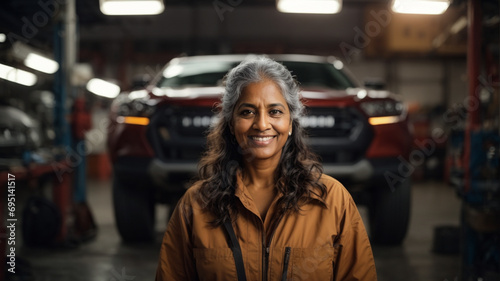 Portrait of proud car mechanic woman smiling and looking at camera. Car repair and maintenance service,Destroying gender stereotypes, gender equality at work, space for text