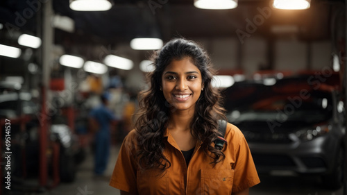 Portrait of proud car mechanic woman smiling and looking at camera. Car repair and maintenance service, Destroying gender stereotypes, gender equality at work,space for text