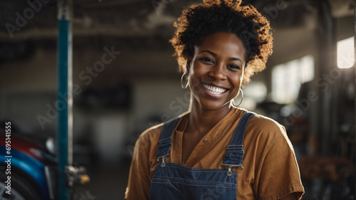 Portrait of proud car mechanic woman smiling and looking at camera. Car repair and maintenance service, Destroying gender stereotypes, gender equality at work, space for text photo