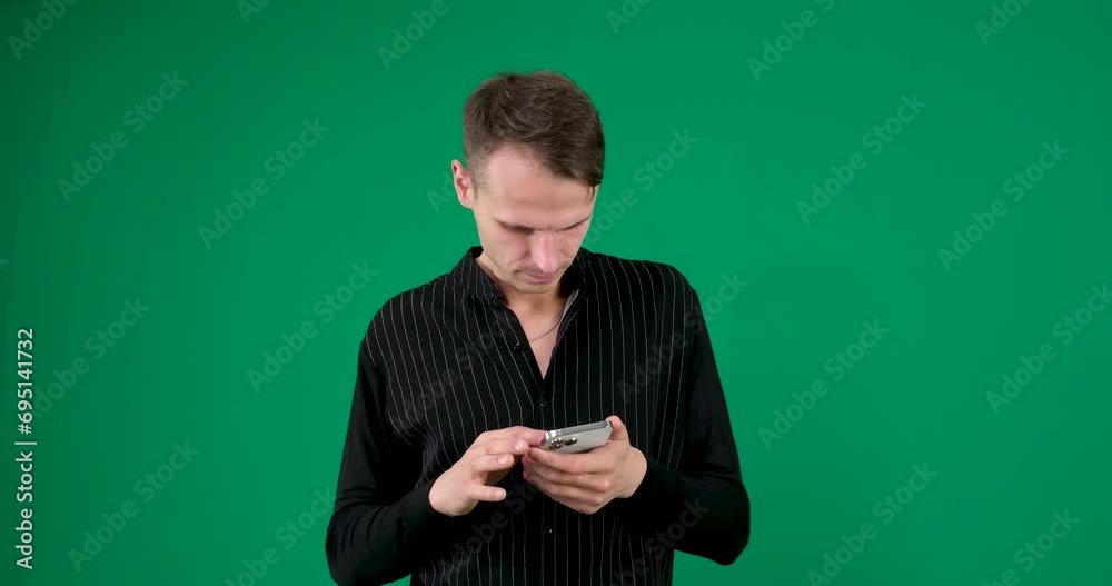 Serious Businessman Texting Message Social Networking White Background Studio. Serious Businessman Texting Message Social Networking White Background Studio.