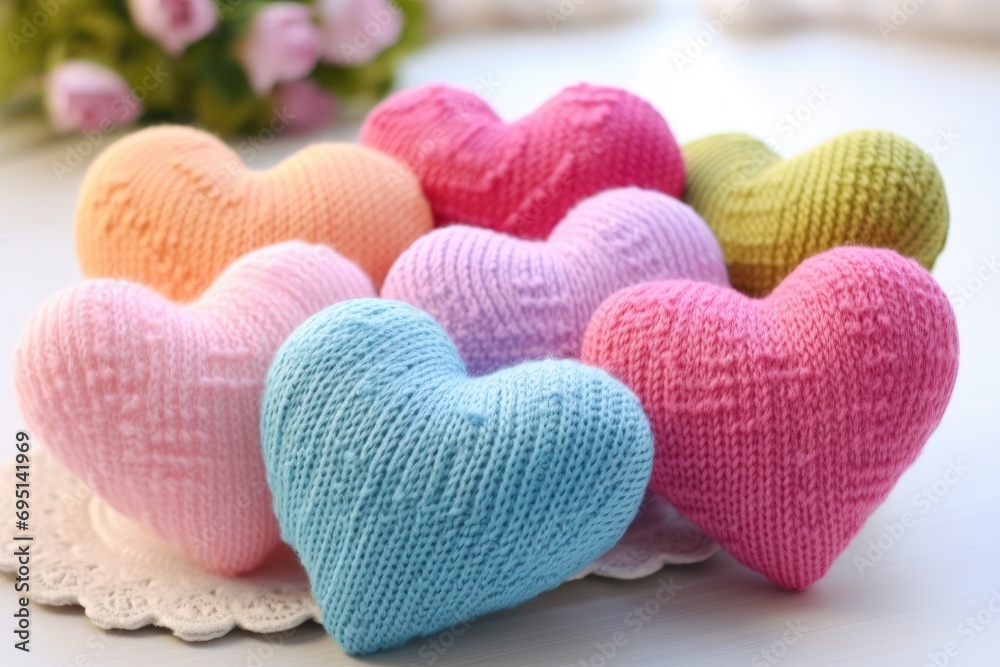 Obraz premium Colorful knitted hearts in pastel colors