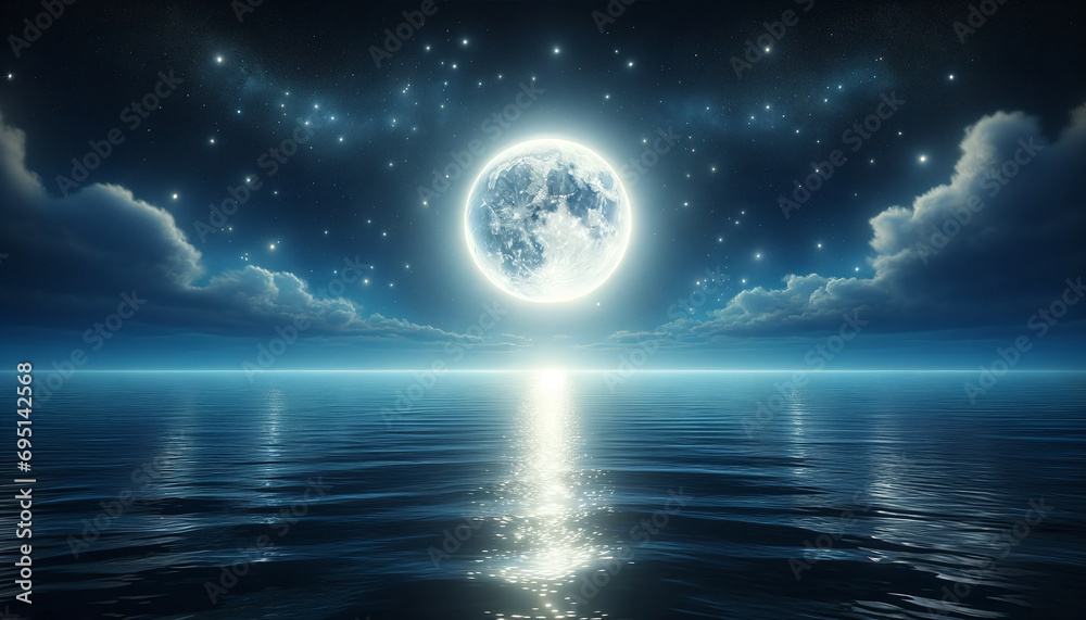 Full Moon Over Calm Ocean at Night
