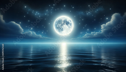 Full Moon Over Calm Ocean at Night