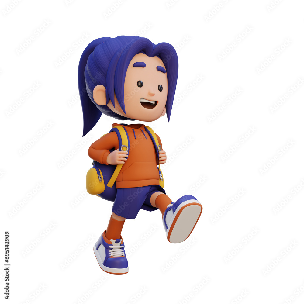 3D happy girl character walking go to school holding bag 3D happy girl character walking go to school holding bag