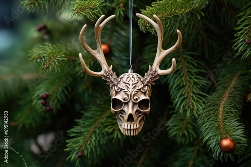 Elk scull toy hanging on the branch of pine tree. Christmas tree ethnic decoration, toy hangs among green pine needles. Pagan Christmas, New Year, Yule and winter holiday greeting card or banner