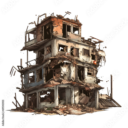A building in ruins with a lot of debris and rubble isolated PNG. The building is in a state of disrepair and has a sense of destruction and chaos