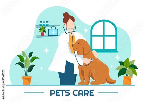 Pets Care Vector Illustration with Animal Shelter or Vet Clinic for Taking Care of Dog or Cat in Healthcare Flat Cartoon Background Design