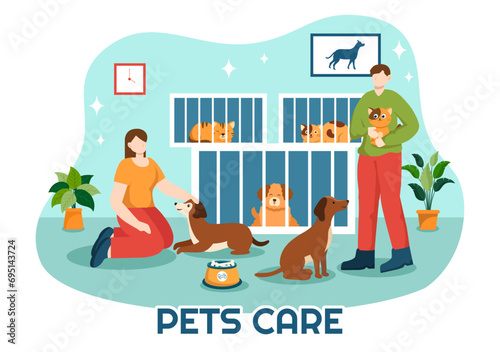 Pets Care Vector Illustration with Animal Shelter or Vet Clinic for Taking Care of Dog or Cat in Healthcare Flat Cartoon Background Design