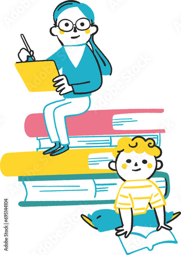 本に腰かけて勉強する子供たち　イラスト素材
