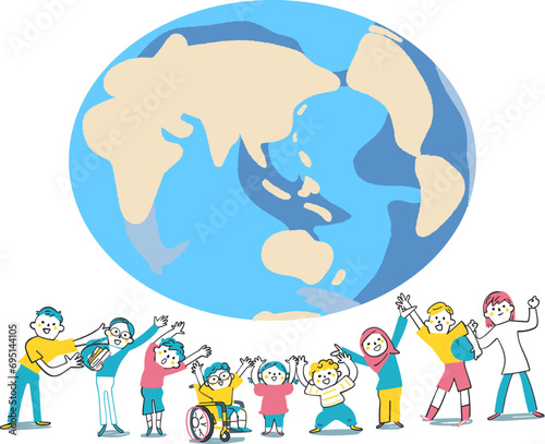 地球と年齢や人種, 国籍の違うバンザイをしている子供たち　小学生　イラスト素材