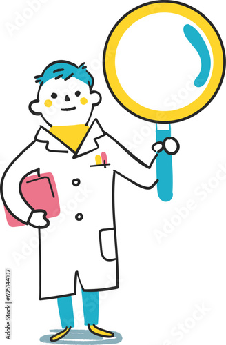 虫眼鏡を掲げる白衣を着た小学生　イラスト素材
