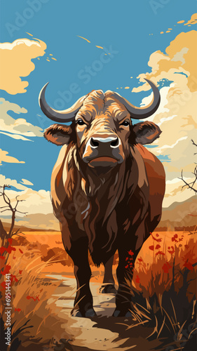 Vector art of a Buffalo, bull in the grassland, wallpaper, cover, vector illustration, ai 