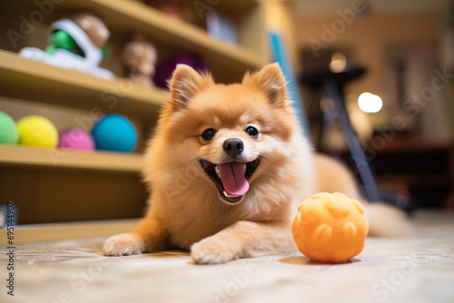 Capture the playfulness of an afternoon with a small pet surrounded by toys. Zoom in on a close-up of hands offering a toy to the pet, with a softly blurred play area in the background.