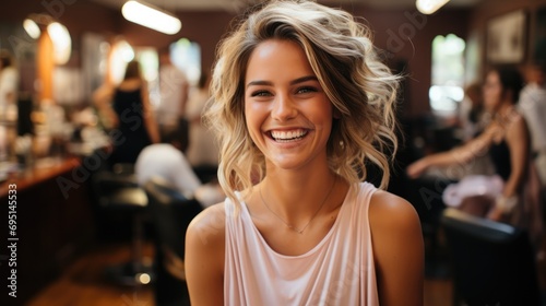 hairdresser hair of attractive woman smiling. photo