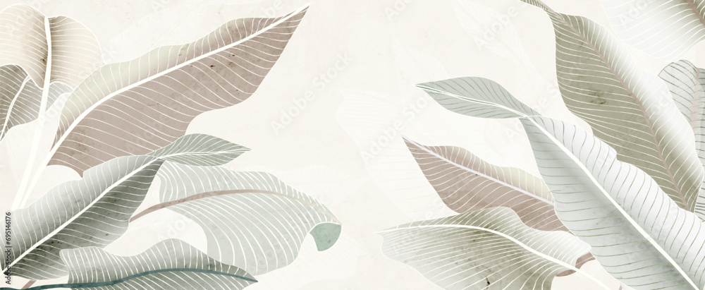 Luxury botanical art background with tropical palm leaves in line style. Banner in watercolor style with exotic plants for decoration, print, textile, wallpaper, interior design. - obrazy, fototapety, plakaty 