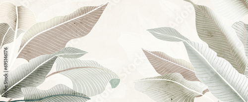 Luxury botanical art background with tropical palm leaves in line style. Banner in watercolor style with exotic plants for decoration, print, textile, wallpaper, interior design.