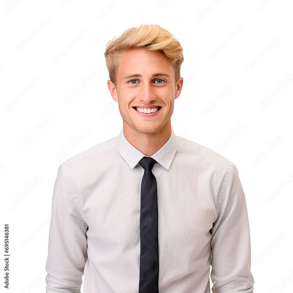Young smiling business man worker smiling and looking at camera. Isolated over white transparent background Young smiling business man worker smiling and looking at camera. Isolated over white transparent background