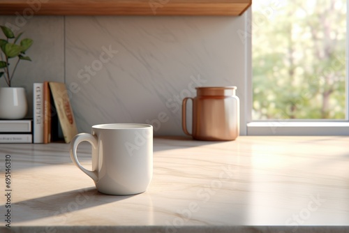 a white cup of coffee for mockup and some bakery on a table. generative ai
