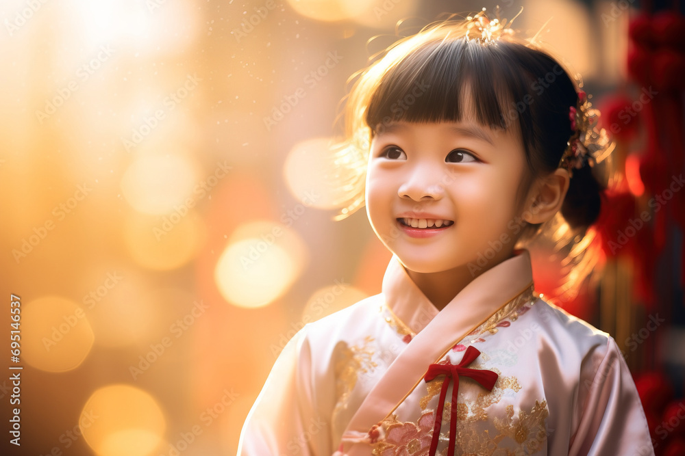 Chinese little girl posing with traditional Chinese costume. Bokeh effect as background with copy space Chinese little girl posing with traditional Chinese costume. Bokeh effect as background with copy space