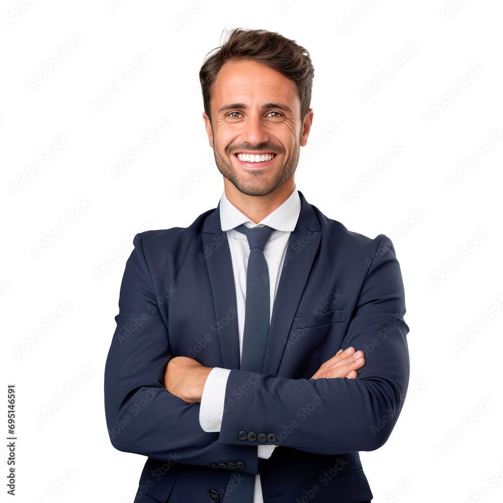 Handsome businessman with arms closed and smiling over white transparent background Handsome businessman with arms closed and smiling over white transparent background