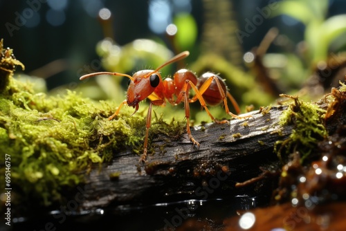 In the vibrant tropical forest, a dynamic 4K Ultra HD documentary showcases the dynamic wildlife focus, revealing the detailed life of an ant as it navigates its lush and exotic habitat. © akimtan