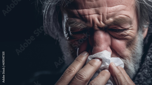 Elderly man blowing his nose with tissue, closeup