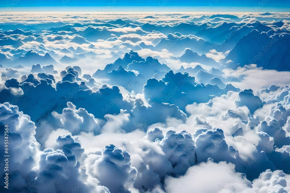 Blue sky with clouds, flying over the clouds, in the middle of the clouds, plane picture, cirrus clouds, fair weather, sunny day, sky background, bright daylight, day, nature picture