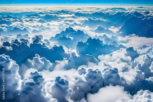 Blue sky with clouds, flying over the clouds, in the middle of the clouds, plane picture, cirrus clouds, fair weather, sunny day, sky background, bright daylight, day, nature picture photo