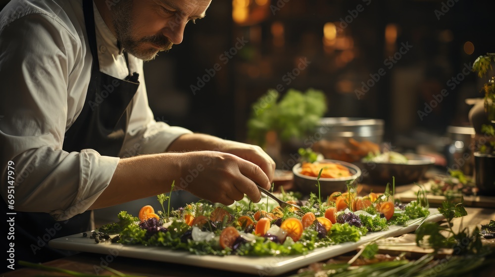chef preparing a plate in the kitchen.