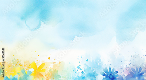 水彩画の青い空と花の風景 © racoo