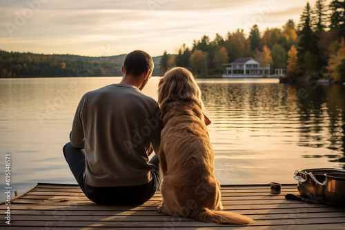 Illustrate a relaxed moment with a man, and his dog at the end of a long lake dock. Capture a close-up view, focusing on the expressions of contentment and connection.  photo