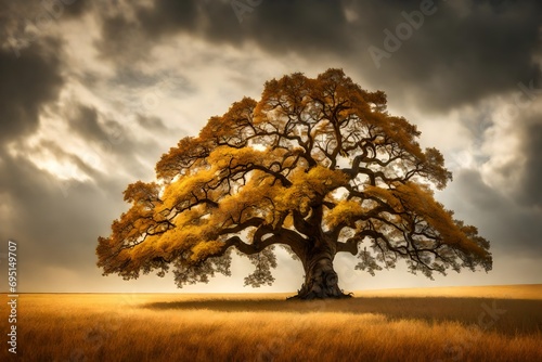 A solitary oak tree standing majestically in a golden field  leaves rustling in the wind 