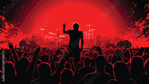 music themed concert crowd tones of live show red and performance black. a music concert with a cheering audience, stage lights. Vector illustration photo