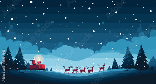 art piece showcasing a group of adorable reindeer pulling Santa's sleigh across a starlit sky. Santa's bright red suiy