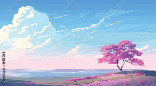 vector illustration showcasing a lush green heath landscape under a vibrant blue sky. solitary tree on a small hill, stands tall and detailed