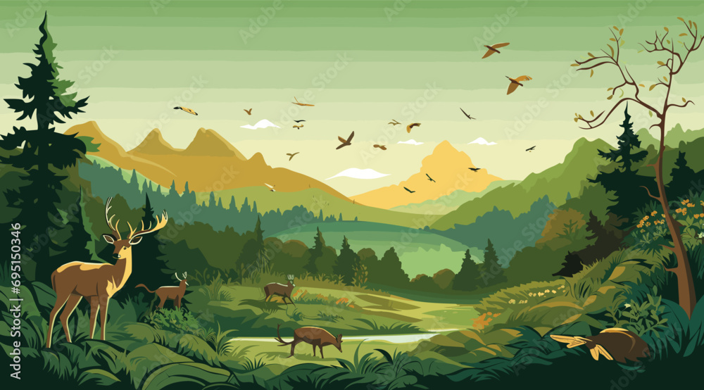 wildlife-themed vector background with natural habitat hues of wildlife green and animal brown. detailed vector illustration of a diverse wildlife habitat with animals, trees - obrazy, fototapety, plakaty 