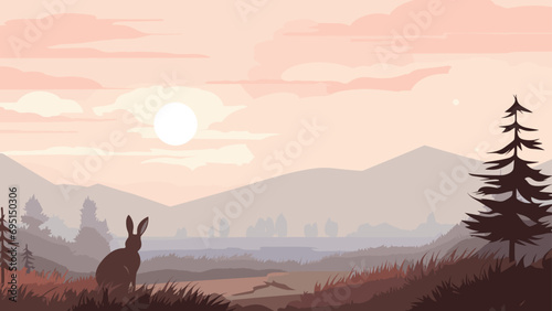 vector scene of a heath at dawn  blanketed in a gentle mist. a solitary rabbit  is featured prominently in the foreground. 