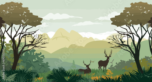 wildlife-themed vector background with natural habitat hues of wildlife green and animal brown. detailed vector illustration of a diverse wildlife habitat with animals, trees