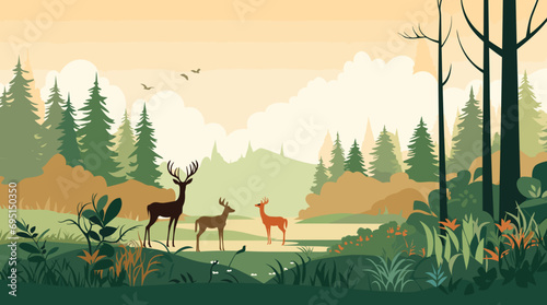 wildlife-themed vector background with natural habitat hues of wildlife green and animal brown. detailed vector illustration of a diverse wildlife habitat with animals, trees