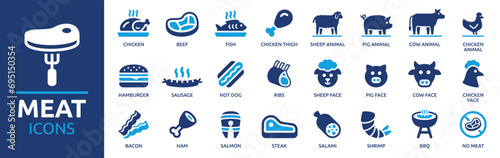 Meat icon set. Containing beef, chicken, steak, cow, fish, ribs, sausage, BBQ, ham and more. Vector solid icons collection.