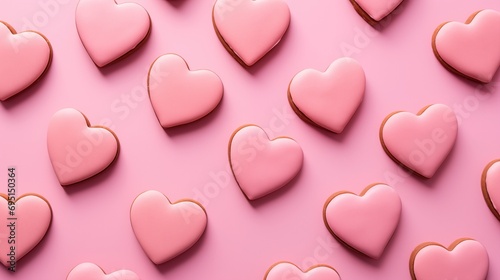 Homemade valentine heart cookies against pink background.
