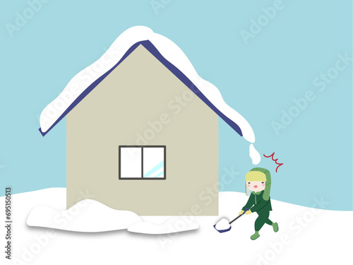 雪かき中に家の屋根の雪が落ちてくるのに注意のイラスト