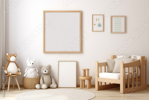 Discover a charming mockup of a vertical picture frame in a cozy kids' room with wooden furnishings, toys, teddy bears, and delightful wall art © Madushan
