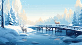 a snow-covered bridge over a tranquil river, with a reindeer pulling a sleigh. 